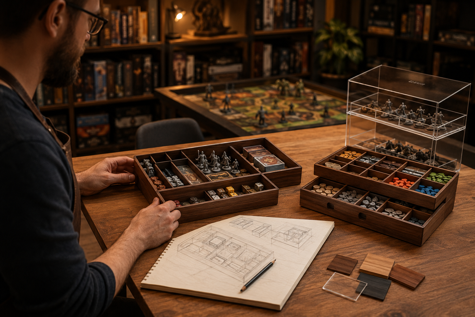 Craftsman building wooden game organizer